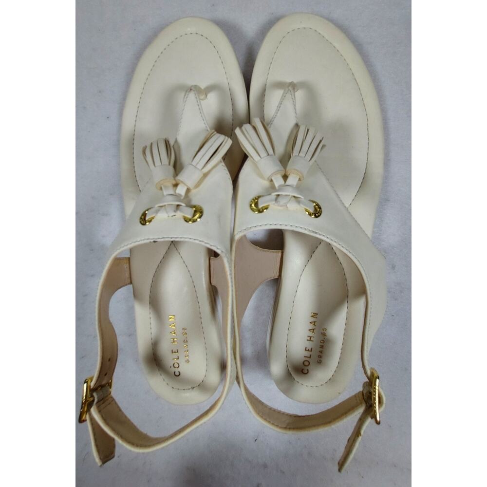 Cole Haan Grand.OS White Gold Leather Tassel Strappy Flat Sandals Womens 10B